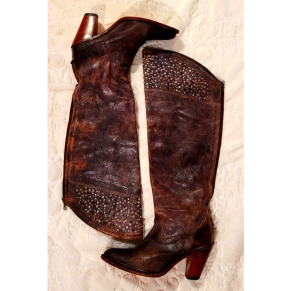 Frye Distressed Leather Embellished Knee Boots; Size 8 - Picture 3 of 8